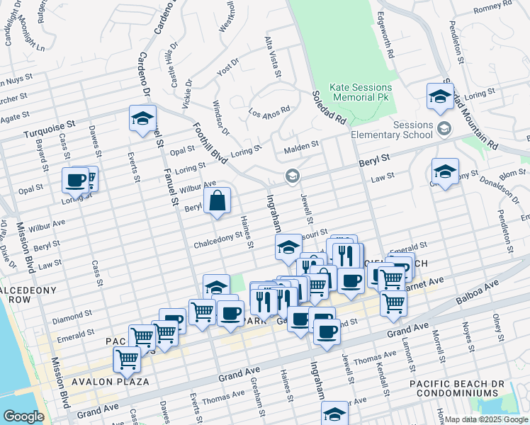 map of restaurants, bars, coffee shops, grocery stores, and more near 1561 Law Street in San Diego