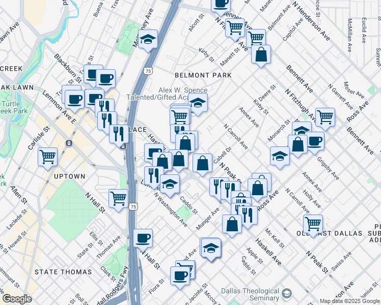 map of restaurants, bars, coffee shops, grocery stores, and more near 4141 Office Parkway in Dallas