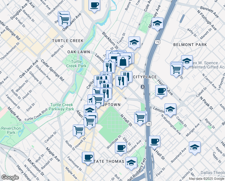 map of restaurants, bars, coffee shops, grocery stores, and more near 3418 McKinney Avenue in Dallas