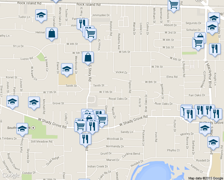 map of restaurants, bars, coffee shops, grocery stores, and more near 2125 W 11th St in Irving