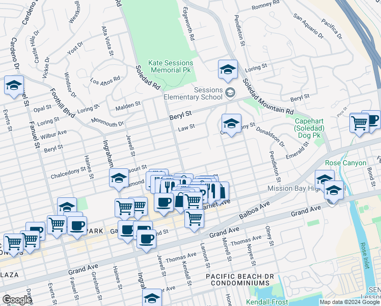 map of restaurants, bars, coffee shops, grocery stores, and more near 1934 Missouri Street in San Diego