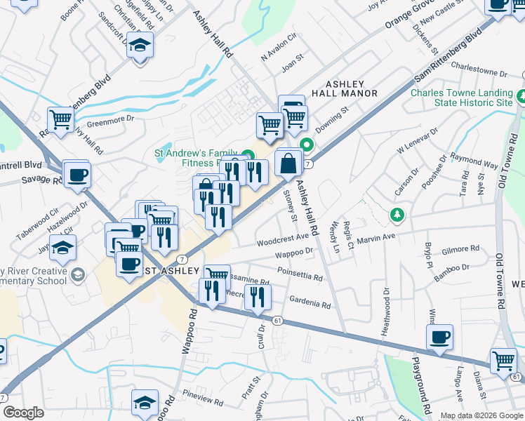 map of restaurants, bars, coffee shops, grocery stores, and more near 1623A Memminger Avenue in Charleston