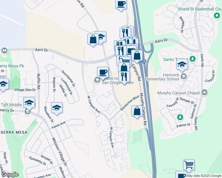 map of restaurants, bars, coffee shops, grocery stores, and more near 3362 Daley Center Drive in San Diego