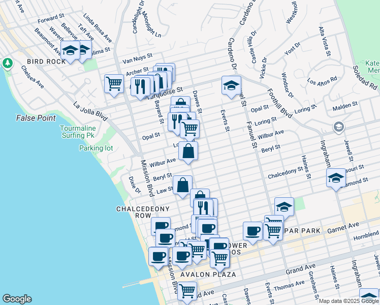 map of restaurants, bars, coffee shops, grocery stores, and more near 1036 Wilbur Avenue in San Diego