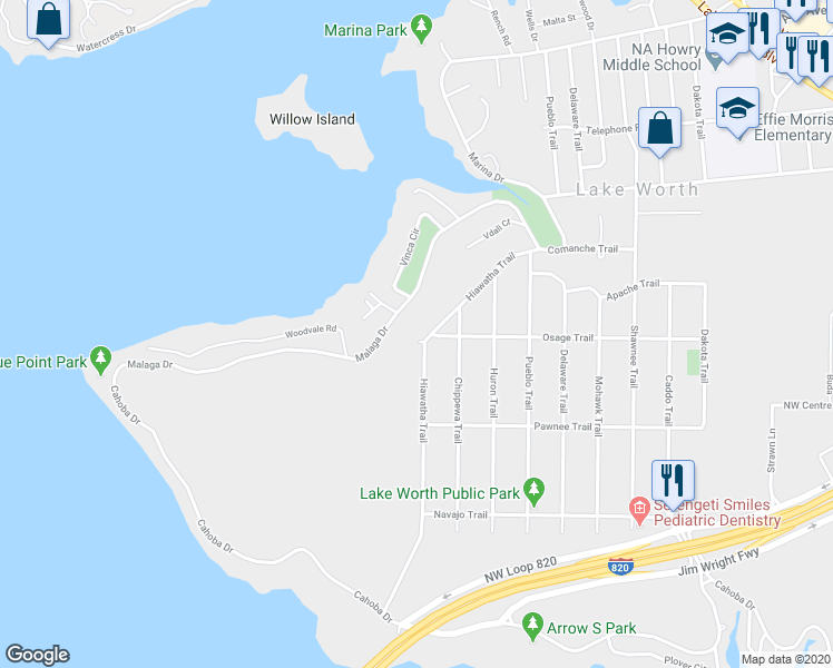 map of restaurants, bars, coffee shops, grocery stores, and more near 3233 Hiawatha Trail in Fort Worth