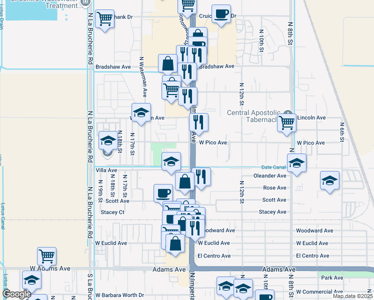 map of restaurants, bars, coffee shops, grocery stores, and more near 1334 Frontage Road in El Centro