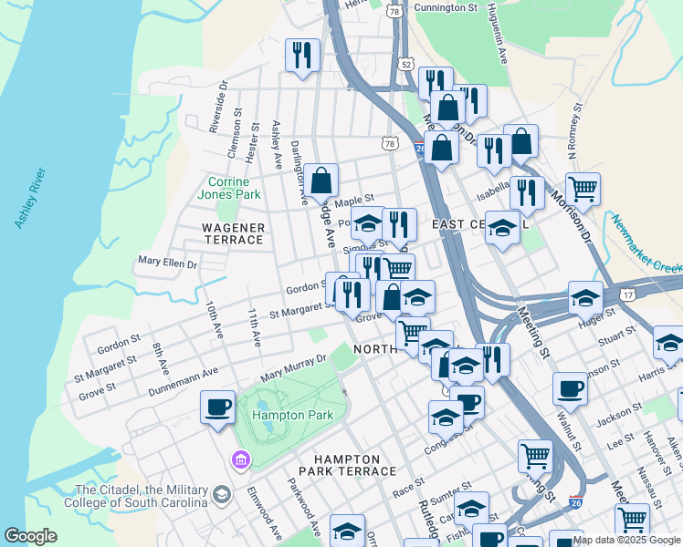 map of restaurants, bars, coffee shops, grocery stores, and more near 2 Gordon Street in Charleston