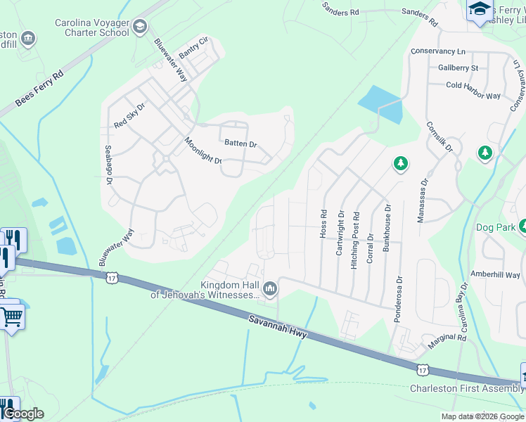 map of restaurants, bars, coffee shops, grocery stores, and more near 1000 Bonieta Harrold Drive in Charleston