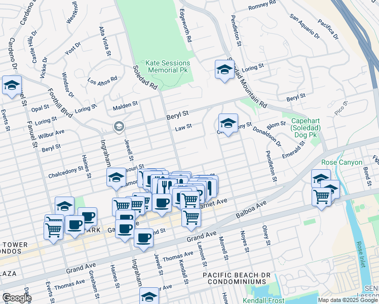 map of restaurants, bars, coffee shops, grocery stores, and more near 1946 Missouri Street in San Diego