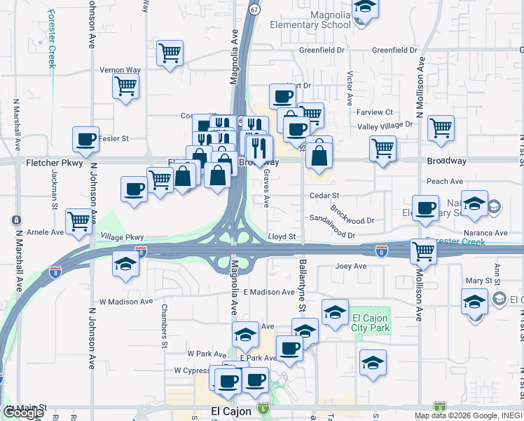 map of restaurants, bars, coffee shops, grocery stores, and more near 772 Graves Avenue in El Cajon