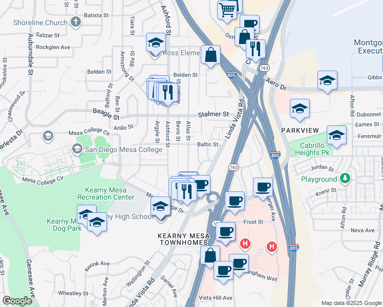 map of restaurants, bars, coffee shops, grocery stores, and more near 3328 Budd Street in San Diego