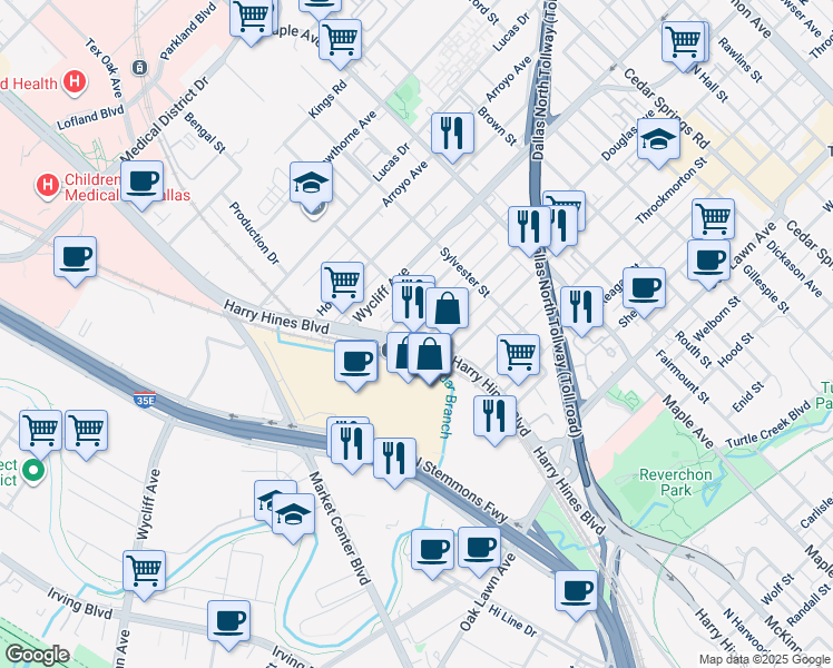 map of restaurants, bars, coffee shops, grocery stores, and more near 4232 Harry Hines Boulevard in Dallas