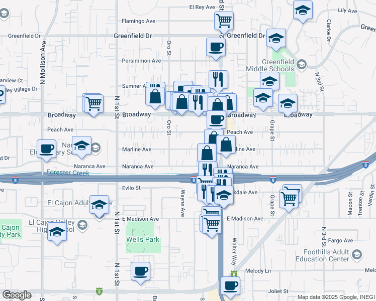 map of restaurants, bars, coffee shops, grocery stores, and more near 1237 Marline Avenue in El Cajon