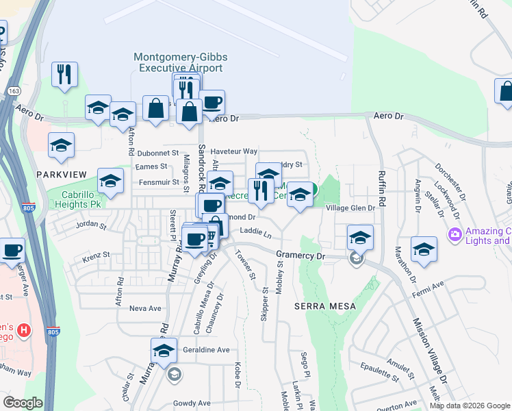 map of restaurants, bars, coffee shops, grocery stores, and more near 3420 Ediwhar Avenue in San Diego