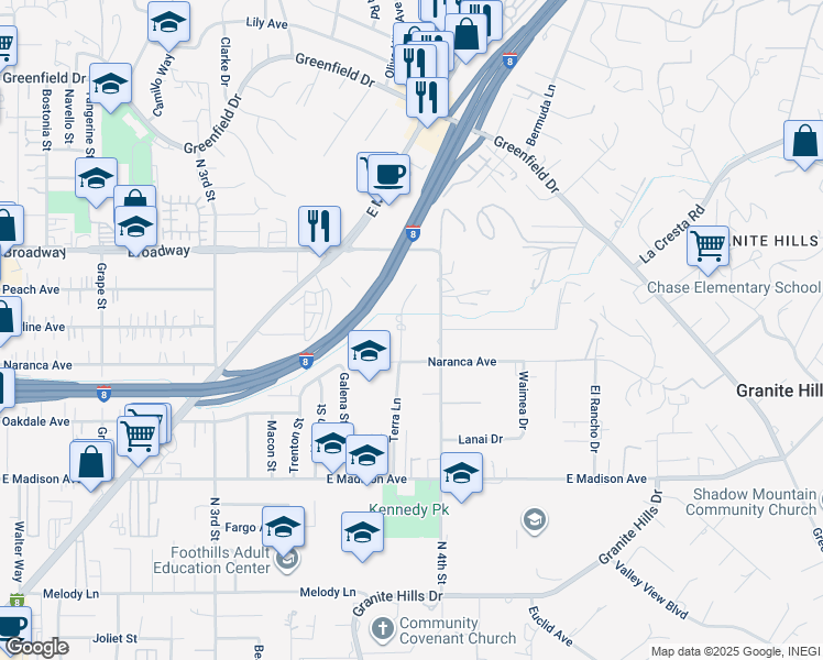 map of restaurants, bars, coffee shops, grocery stores, and more near 839 Terra Lane in El Cajon