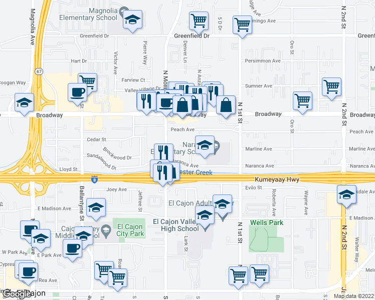 map of restaurants, bars, coffee shops, grocery stores, and more near 766 Conn Place in El Cajon