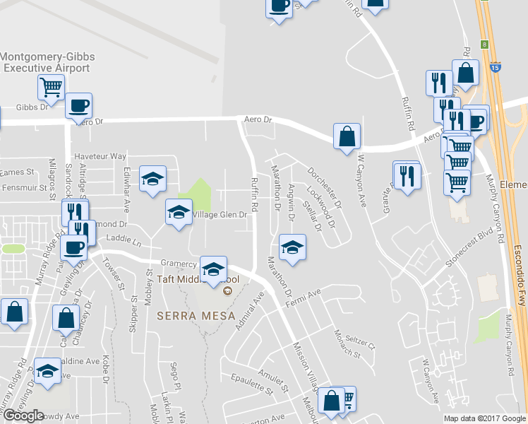 map of restaurants, bars, coffee shops, grocery stores, and more near 3456 Marathon Drive in San Diego