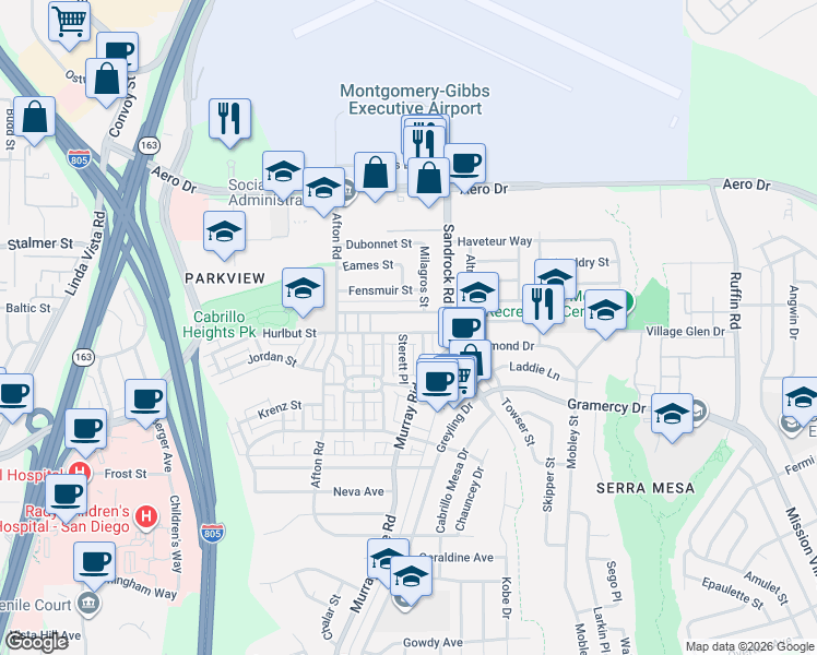 map of restaurants, bars, coffee shops, grocery stores, and more near 8720 Hurlbut Street in San Diego