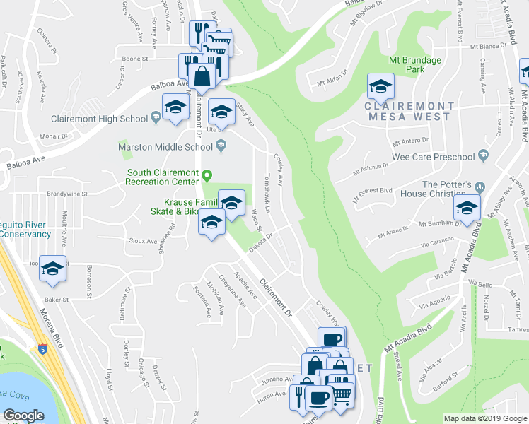 map of restaurants, bars, coffee shops, grocery stores, and more near 3535 Tomahawk Lane in San Diego