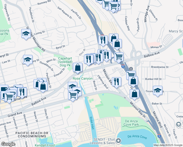 map of restaurants, bars, coffee shops, grocery stores, and more near in San Diego
