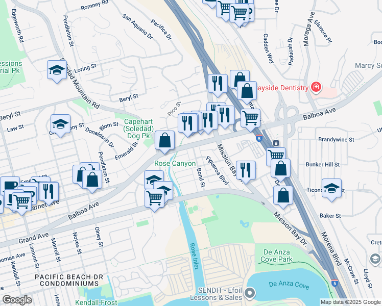 map of restaurants, bars, coffee shops, grocery stores, and more near in San Diego