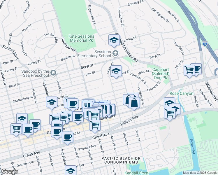 map of restaurants, bars, coffee shops, grocery stores, and more near 2104 Diamond Street in San Diego