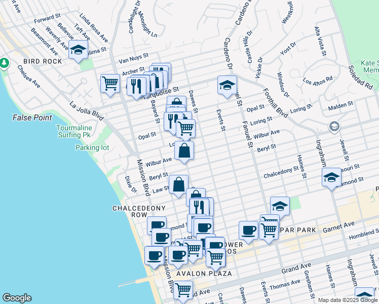 map of restaurants, bars, coffee shops, grocery stores, and more near 1036 Wilbur Avenue in San Diego