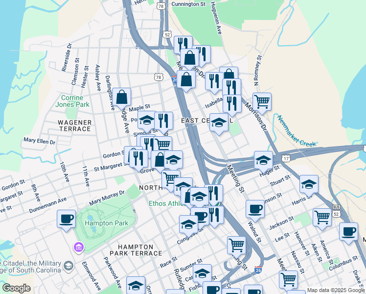map of restaurants, bars, coffee shops, grocery stores, and more near 52 Poinsett Street in Charleston