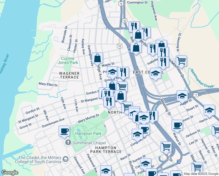 map of restaurants, bars, coffee shops, grocery stores, and more near 6 Paige Court in Charleston