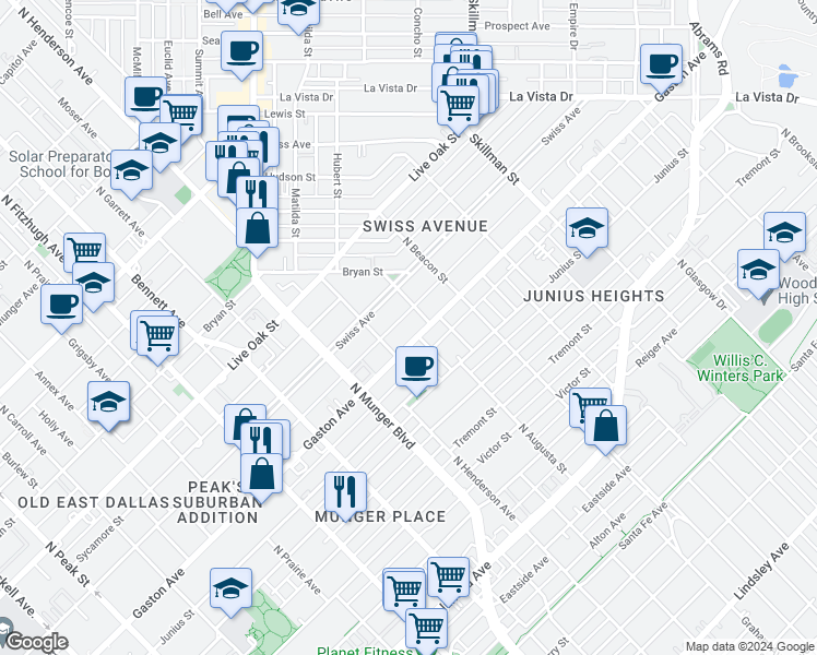 map of restaurants, bars, coffee shops, grocery stores, and more near in Dallas