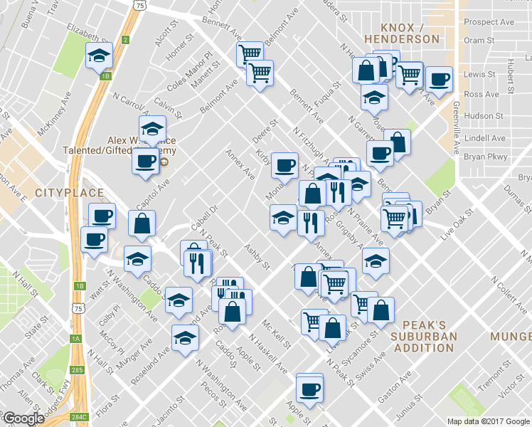 map of restaurants, bars, coffee shops, grocery stores, and more near 1917 California Drive in Dallas