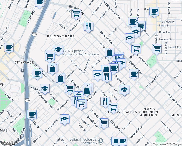 map of restaurants, bars, coffee shops, grocery stores, and more near 1917 California Drive in Dallas
