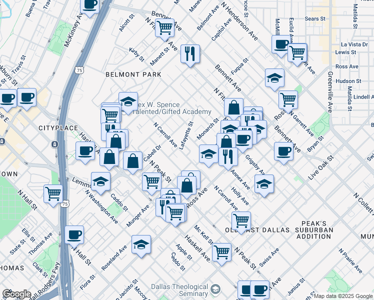 map of restaurants, bars, coffee shops, grocery stores, and more near 2007 North Carroll Avenue in Dallas