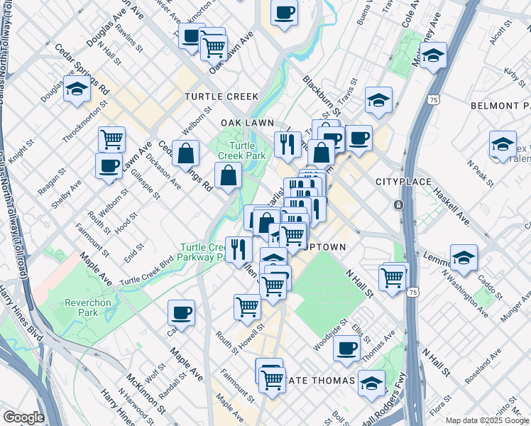 map of restaurants, bars, coffee shops, grocery stores, and more near 3221 Carlisle Street in Dallas