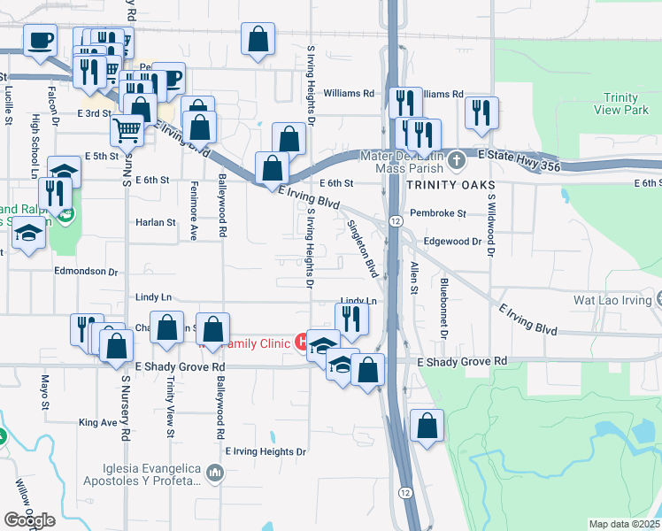 map of restaurants, bars, coffee shops, grocery stores, and more near 1629 Windsong Lane in Irving