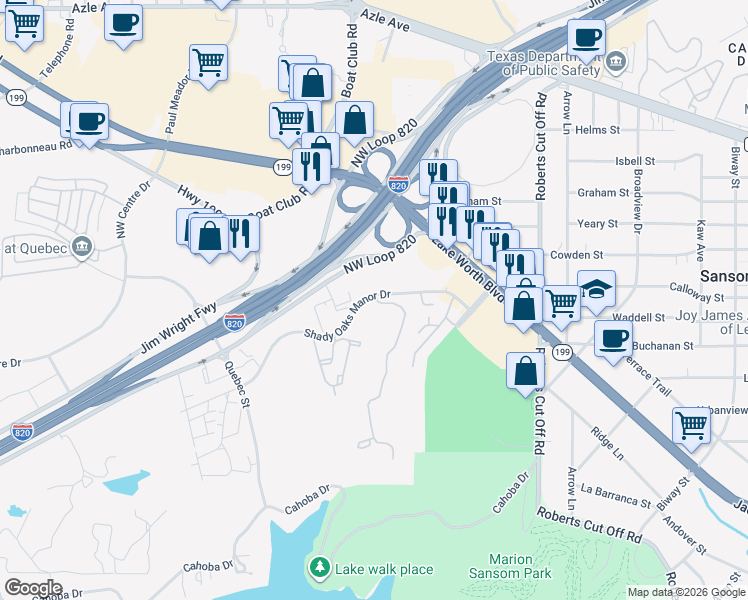 map of restaurants, bars, coffee shops, grocery stores, and more near 6225 Shady Oaks Manor Drive in Fort Worth