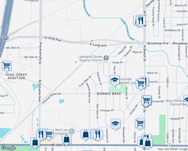 map of restaurants, bars, coffee shops, grocery stores, and more near 3412 Tom Ellen Street in Fort Worth