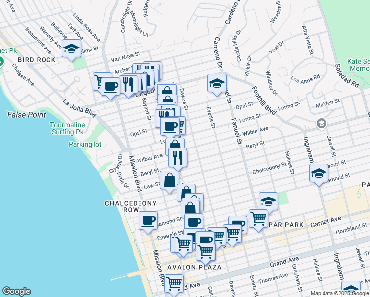 map of restaurants, bars, coffee shops, grocery stores, and more near 1036 Wilbur Avenue in San Diego