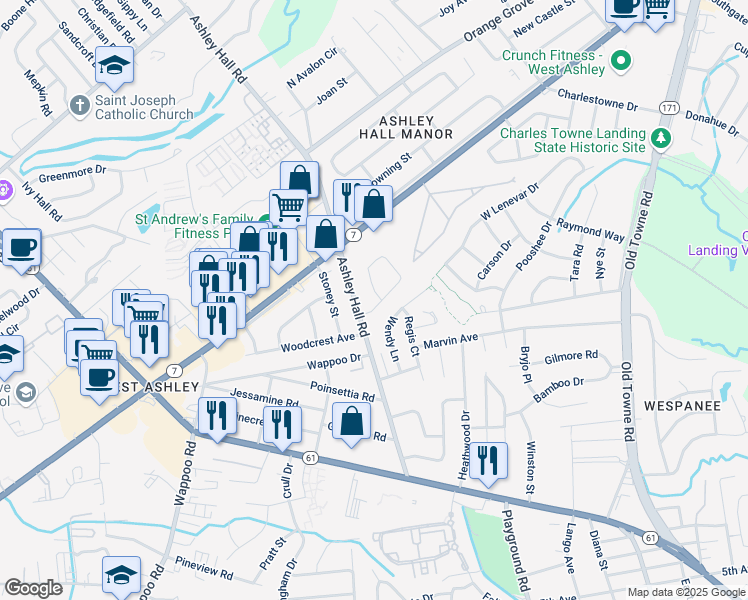 map of restaurants, bars, coffee shops, grocery stores, and more near 1486 Village Road in Charleston