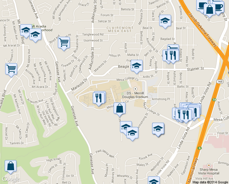 map of restaurants, bars, coffee shops, grocery stores, and more near 7250 Mesa College Drive in San Diego