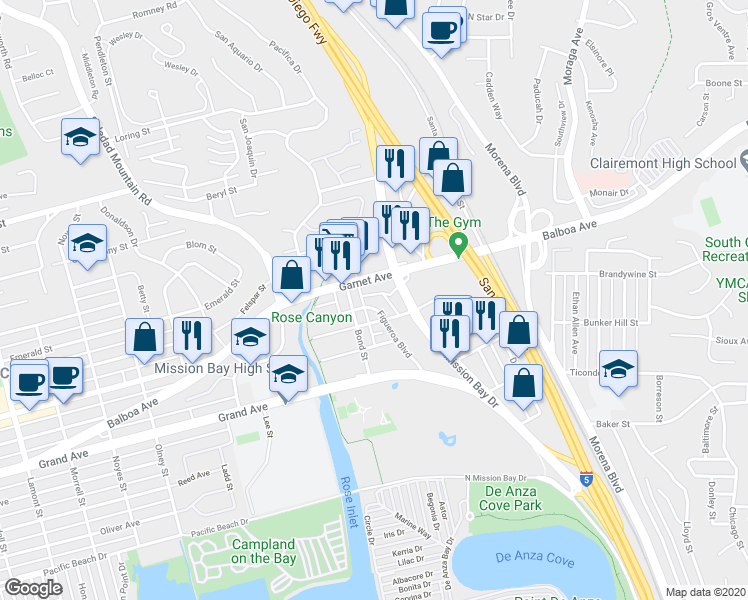 map of restaurants, bars, coffee shops, grocery stores, and more near 2736 Figueroa Boulevard in San Diego