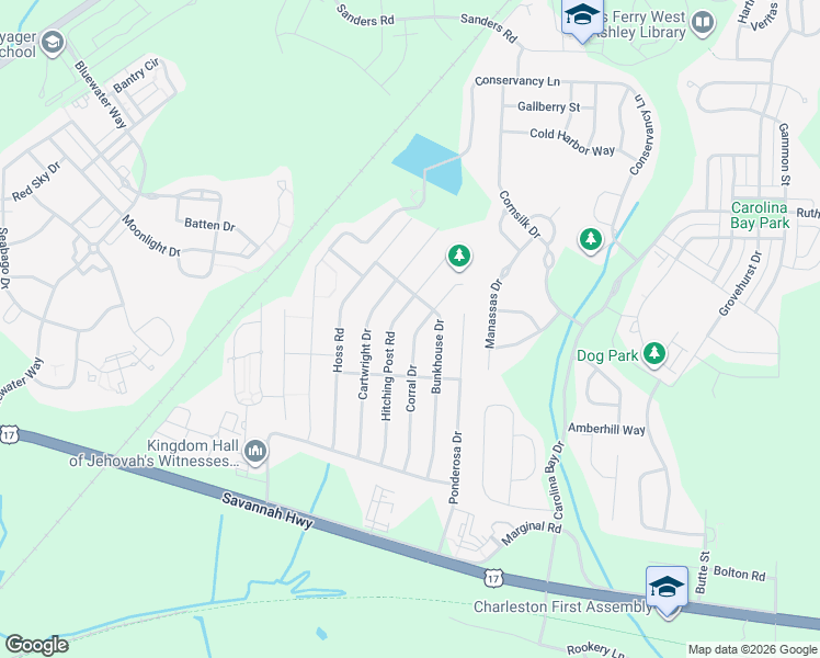 map of restaurants, bars, coffee shops, grocery stores, and more near 795 Corral Drive in Charleston