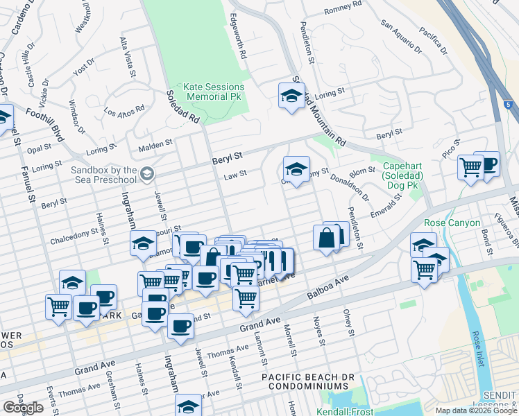 map of restaurants, bars, coffee shops, grocery stores, and more near 2001 Missouri Street in San Diego
