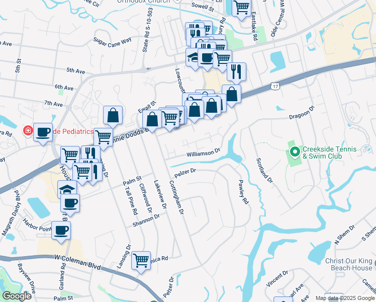 map of restaurants, bars, coffee shops, grocery stores, and more near 628 Baytree Court in Mount Pleasant