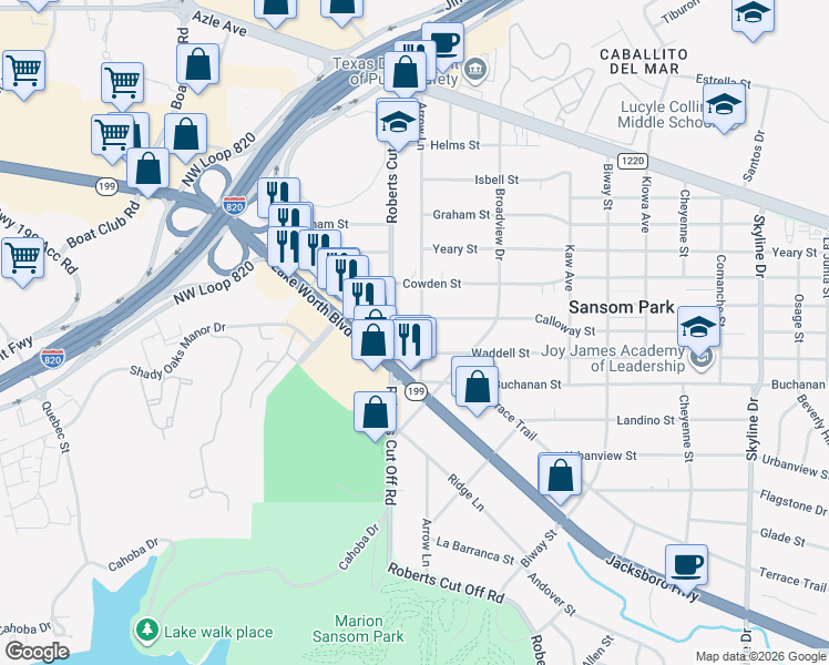 map of restaurants, bars, coffee shops, grocery stores, and more near 3022 Roberts Cut Off Road in Fort Worth