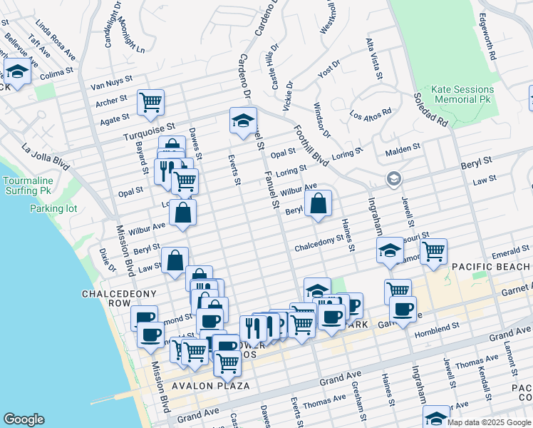 map of restaurants, bars, coffee shops, grocery stores, and more near 1256 Beryl Street in San Diego