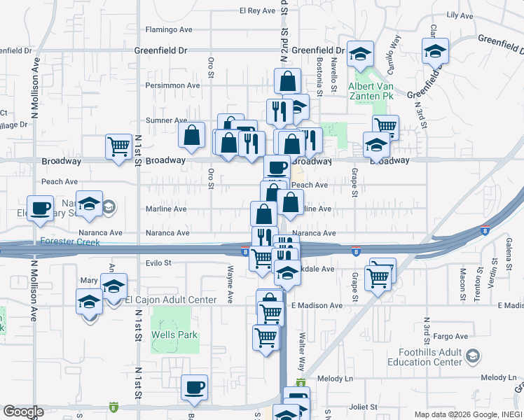 map of restaurants, bars, coffee shops, grocery stores, and more near 1277 Marline Avenue in El Cajon