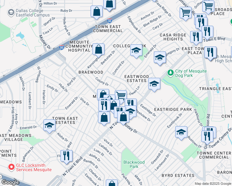 map of restaurants, bars, coffee shops, grocery stores, and more near 3025 Colony Drive in Mesquite