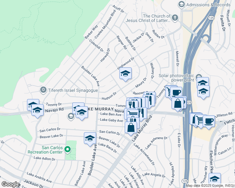map of restaurants, bars, coffee shops, grocery stores, and more near 8461 Hudson Drive in San Diego