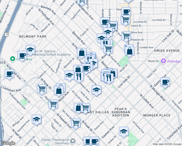 map of restaurants, bars, coffee shops, grocery stores, and more near 1621 North Prairie Avenue in Dallas